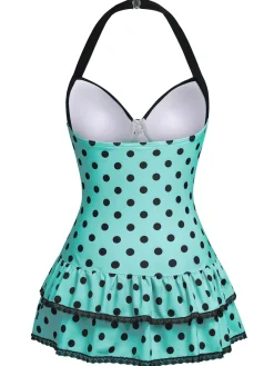 Best Retro Stage [US Warehouse] Blue 1940s Halter Polka Dots Bow One-Piece Swimsuit