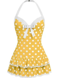 Best Retro Stage [US Warehouse] Blue 1940s Halter Polka Dots Bow One-Piece Swimsuit