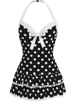 Best Retro Stage [US Warehouse] Blue 1940s Halter Polka Dots Bow One-Piece Swimsuit