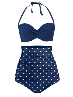 Outlet Retro Stage [US Warehouse] 1950s Halter Polka Dots Swimsuit Blue
