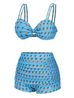 Clearance Retro Stage [US Warehouse] 1950s Pineapple Strap Bow Swimsuit Blue