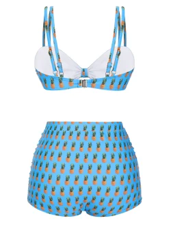 Clearance Retro Stage [US Warehouse] 1950s Pineapple Strap Bow Swimsuit Blue