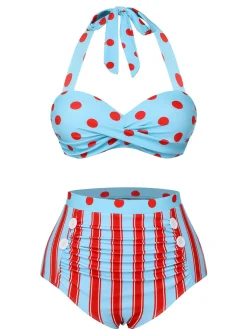 Fashion Retro Stage [US Warehouse] 1940s Polka Dot Stripe Halter Swimsuit Blue