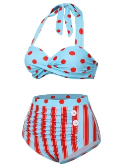 Fashion Retro Stage [US Warehouse] 1940s Polka Dot Stripe Halter Swimsuit Blue