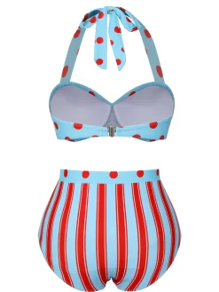 Fashion Retro Stage [US Warehouse] 1940s Polka Dot Stripe Halter Swimsuit Blue