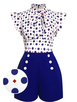 Discount Retro Stage [US Warehouse] 1950s Polka Dot Buttoned Romper Blue