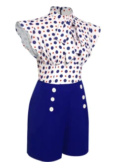 Discount Retro Stage [US Warehouse] 1950s Polka Dot Buttoned Romper Blue