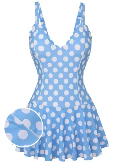 Hot Retro Stage [US Warehouse] 1960s Polka Dot Petal Neck Swimsuit Blue