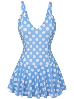 Hot Retro Stage [US Warehouse] 1960s Polka Dot Petal Neck Swimsuit Blue