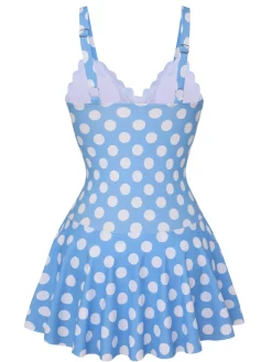 Hot Retro Stage [US Warehouse] 1960s Polka Dot Petal Neck Swimsuit Blue