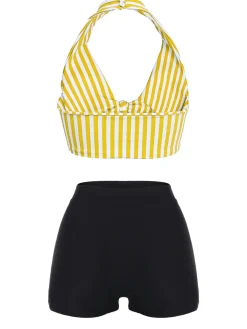 Outlet Retro Stage [US Warehouse] Blue 1950s Retro Halter Stripes Bikini Set