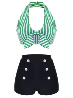 Outlet Retro Stage [US Warehouse] Blue 1950s Retro Halter Stripes Bikini Set