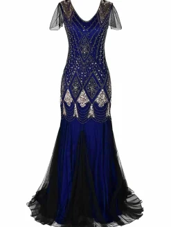 Clearance Retro Stage [US Warehouse] Blue 1920s Sequined Maxi Flapper Dress