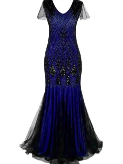 Clearance Retro Stage [US Warehouse] Blue 1920s Sequined Maxi Flapper Dress