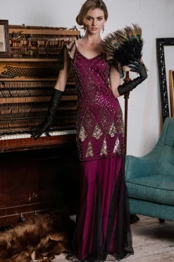 Clearance Retro Stage [US Warehouse] Blue 1920s Sequined Maxi Flapper Dress