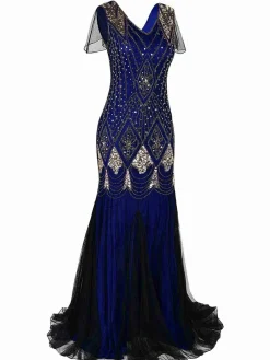 Clearance Retro Stage [US Warehouse] Blue 1920s Sequined Maxi Flapper Dress
