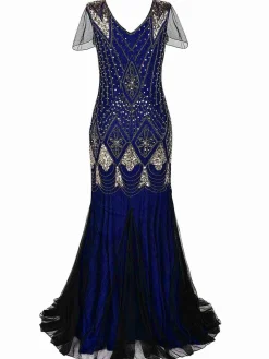 Clearance Retro Stage [US Warehouse] Blue 1920s Sequined Maxi Flapper Dress