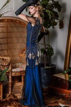 Clearance Retro Stage [US Warehouse] Blue 1920s Sequined Maxi Flapper Dress