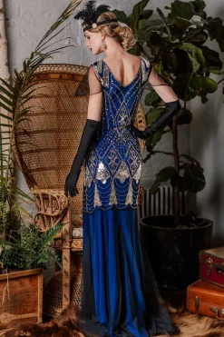 Clearance Retro Stage [US Warehouse] Blue 1920s Sequined Maxi Flapper Dress