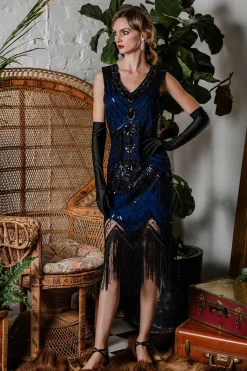 Clearance Retro Stage [US Warehouse] 1920s Sequined Flapper Dress Blue
