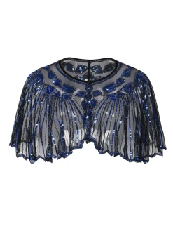 New Retro Stage [US Warehouse] Blue 1920s Shawl Beaded Sequin Flapper Cape