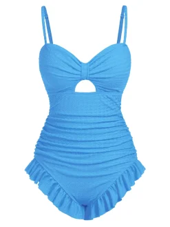 Sale Retro Stage [US Warehouse] Blue 1950s Solid Ruched Swimsuit