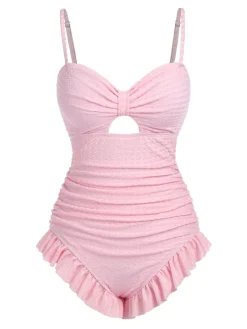 Sale Retro Stage [US Warehouse] Blue 1950s Solid Ruched Swimsuit