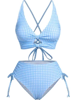 New Retro Stage [US Warehouse] 1950s Spaghetti Strap Plaids Swimsuit Blue