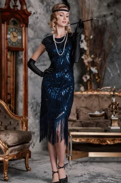 Clearance Retro Stage [US Warehouse] Blue 1920s Tassel Gatsby Flapper Dress
