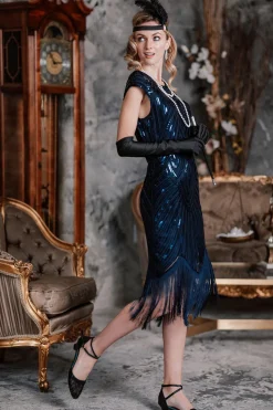 Clearance Retro Stage [US Warehouse] Blue 1920s Tassel Gatsby Flapper Dress