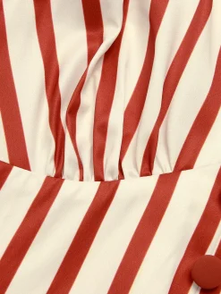 Hot Retro Stage [US Warehouse] 1940s Striped Lapel Romper Brick Red