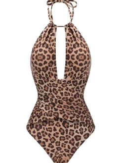 Clearance Retro Stage [US Warehouse] 1930s Leopard V-Neck Halter Swimsuit Brown