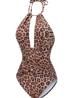 Clearance Retro Stage [US Warehouse] 1930s Leopard V-Neck Halter Swimsuit Brown