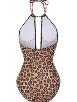 Clearance Retro Stage [US Warehouse] 1930s Leopard V-Neck Halter Swimsuit Brown