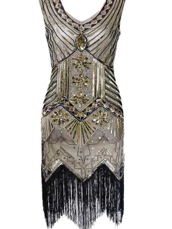 Hot Retro Stage [US Warehouse] Champagn Plus Size 1920s Sequined Dress