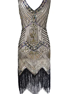 Hot Retro Stage [US Warehouse] Champagn Plus Size 1920s Sequined Dress