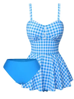 Hot Retro Stage [US Warehouse] 1950s Plaid Spaghetti Strap Swimsuit Dark Blue