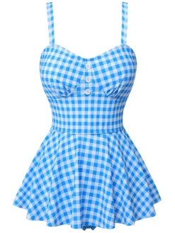 Hot Retro Stage [US Warehouse] 1950s Plaid Spaghetti Strap Swimsuit Dark Blue