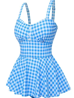 Hot Retro Stage [US Warehouse] 1950s Plaid Spaghetti Strap Swimsuit Dark Blue