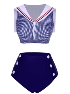 New Retro Stage [US Warehouse] 1940s Dots Sailor Collar Swimsuit Dark Blue