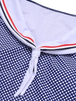 New Retro Stage [US Warehouse] 1940s Dots Sailor Collar Swimsuit Dark Blue