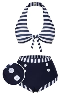 New Retro Stage [US Warehouse] 1930s Stripes Halter Buttons Swimsuit Dark Blue