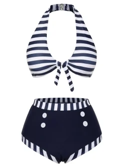 New Retro Stage [US Warehouse] 1930s Stripes Halter Buttons Swimsuit Dark Blue