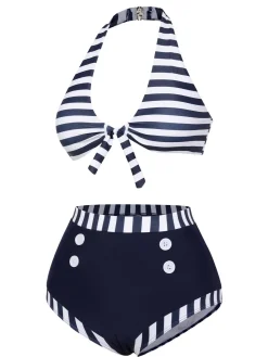 New Retro Stage [US Warehouse] 1930s Stripes Halter Buttons Swimsuit Dark Blue
