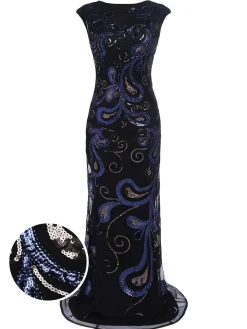 Online Retro Stage [US Warehouse] 1920s Sequined Maxi Dress Dark Blue