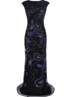 Online Retro Stage [US Warehouse] 1920s Sequined Maxi Dress Dark Blue