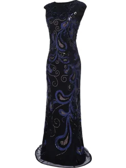 Online Retro Stage [US Warehouse] 1920s Sequined Maxi Dress Dark Blue