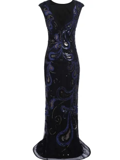 Online Retro Stage [US Warehouse] 1920s Sequined Maxi Dress Dark Blue