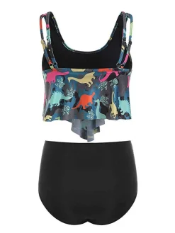 Discount Retro Stage [US Warehouse] 1950s Retro Dinosaur Tankini Set Dark Gray