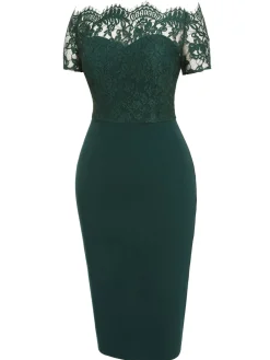 Fashion Retro Stage [US Warehouse] 1960s Lace Off-shoulder Dress Dark Green